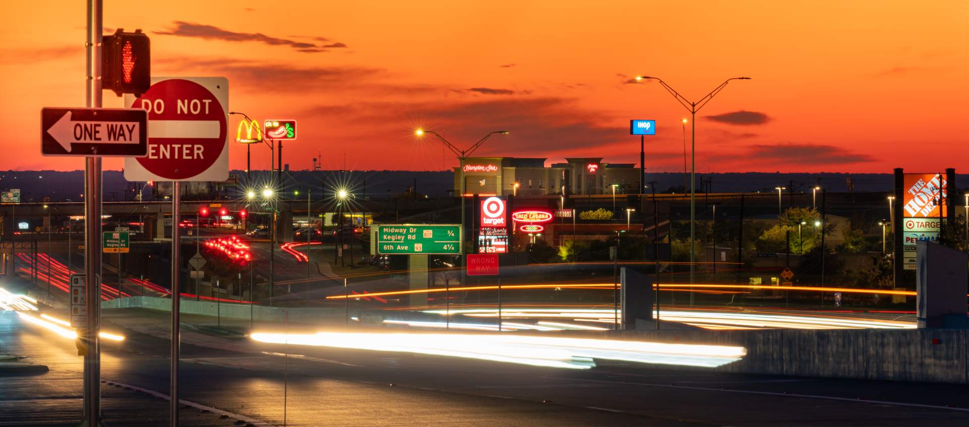 Night scene of the I-35 highway and the city of Temple TX